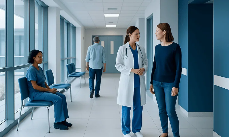 Medical professionals and patient in hospital corridor at Acibadem Hospitals Group.