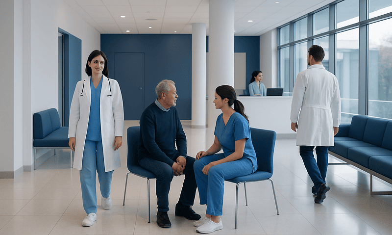 Patients and doctors in a modern hospital waiting area.
