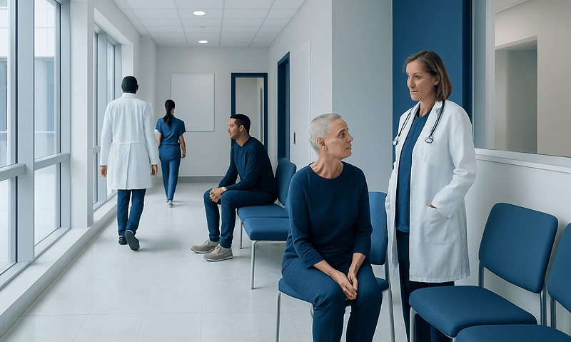 Cancer Symptoms: Common Early Signs to Know 7 Medical staff and patients in a hospital corridor with large windows and seating area.