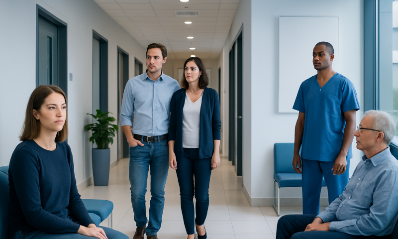 What Does Skin Cancer Look Like? Warning Signs and Images 6 Medical consultation in a hospital corridor with diverse healthcare professionals and patients.