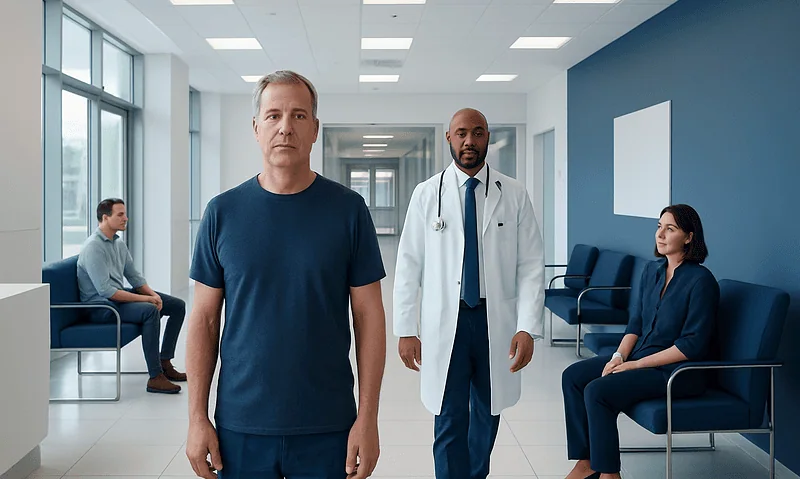 Can Men Get Breast Cancer? Symptoms and Risk Factors 18 Male patient waiting in hospital corridor with medical staff nearby.