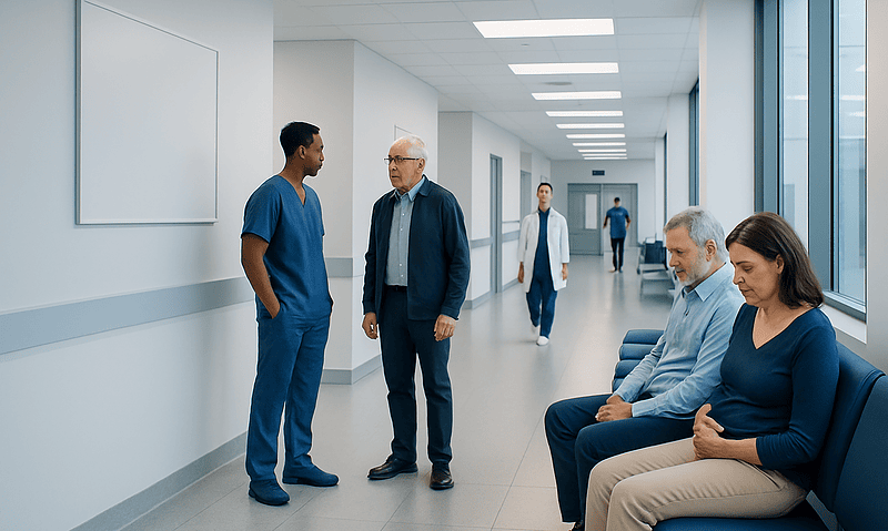 How I Knew I Had Colon Cancer: Common Warning Signs 12 Healthcare professionals and patients in a hospital corridor at Acibadem Hospitals Group.