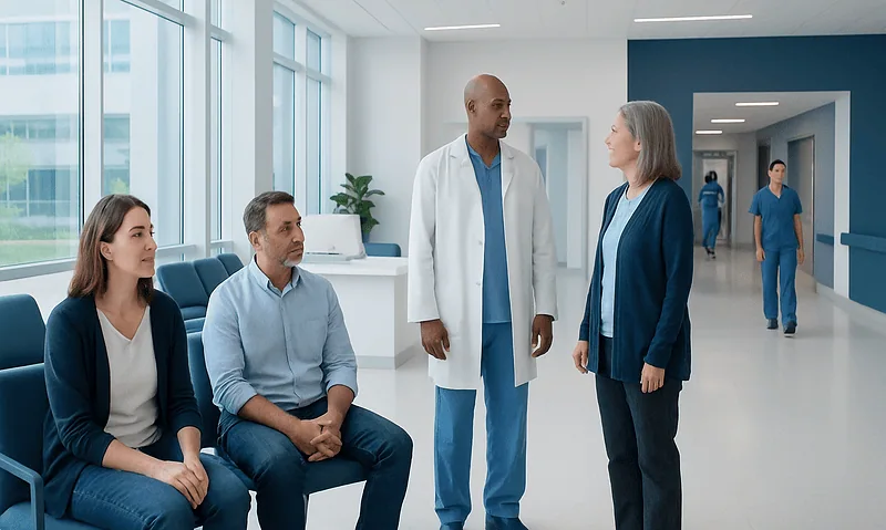 Can Cancer Be Identified With a Blood Test? 5 Medical team consulting with patient in hospital corridor.
