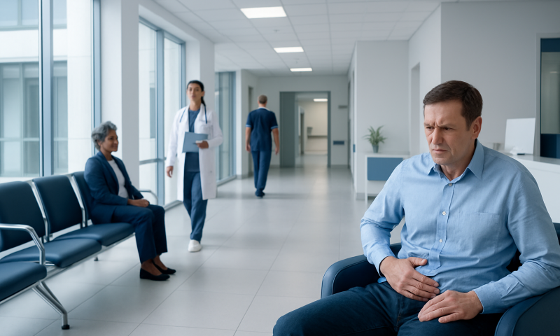 What Are the Symptoms of Colon Cancer? 2 Man experiencing abdominal pain in a hospital corridor.