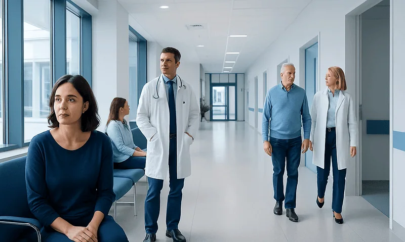 Medical professionals and patients in a hospital corridor.