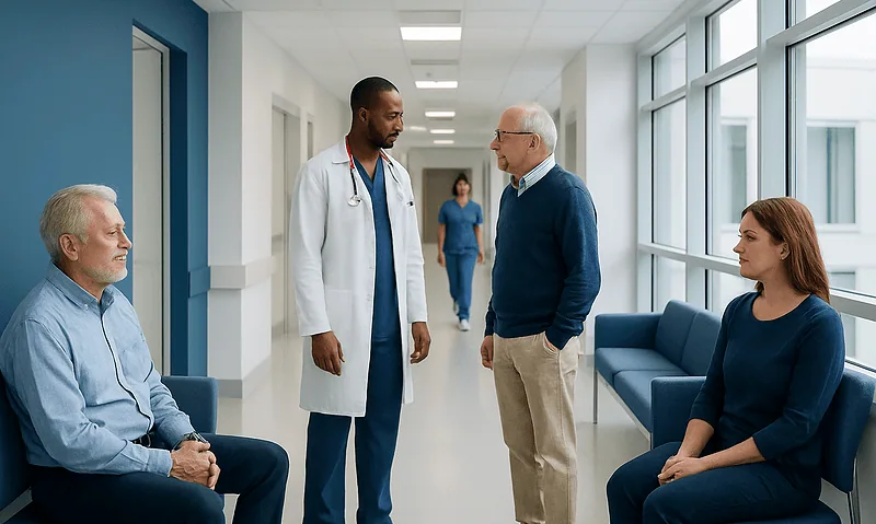 Doctor consulting with elderly male patient in hospital corridor.