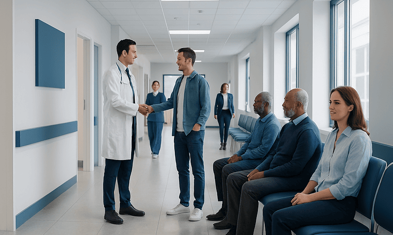 Doctor shaking hands with a patient in a hospital corridor with waiting patients.