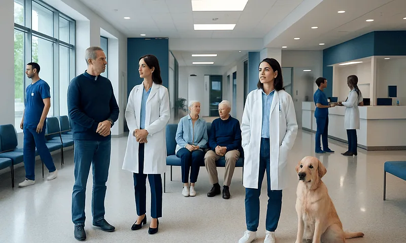 Veterinary staff and patients in a modern hospital waiting area with a guide dog.