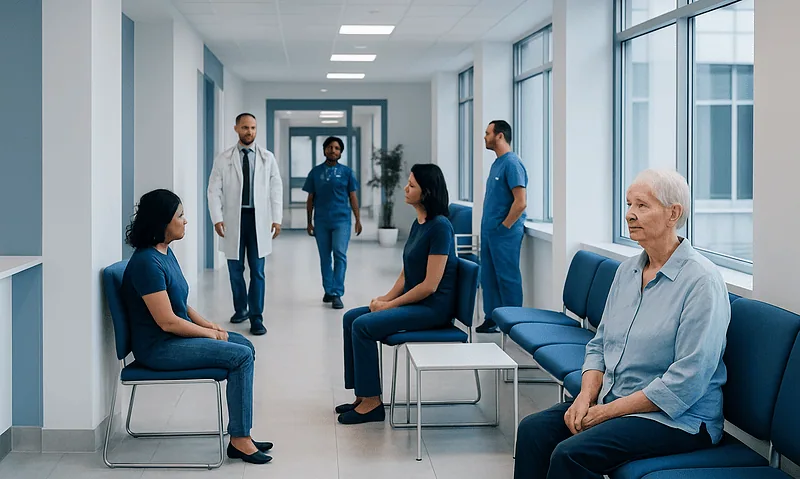 Patients waiting in a hospital corridor with medical staff nearby.