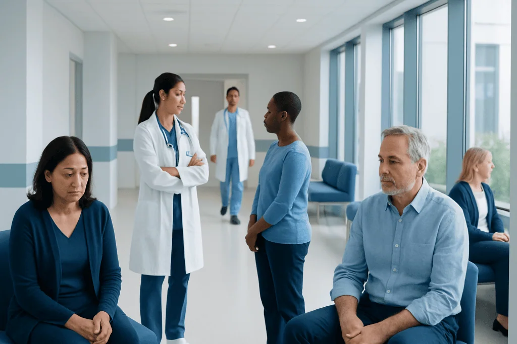 Cancer Signs and Symptoms Explained 1 Patients waiting in a hospital corridor with medical staff and doctors present.
