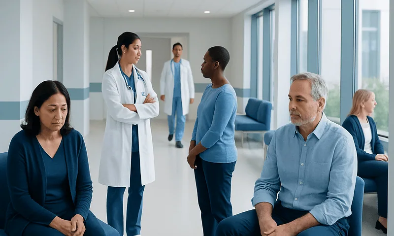 Patients waiting in a hospital corridor with medical staff and doctors present.