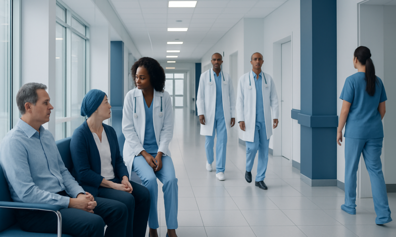 Medical team consulting in hospital corridor at Acibadem Hospitals Group.