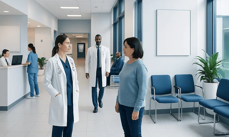 Medical professionals and patient in hospital corridor at Acibadem Hospitals Group.