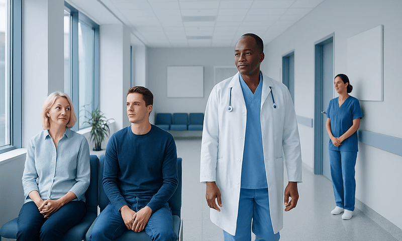 How to Prevent Cancer: Practical Risk-Reduction Tips 18 Medical consultation with patients and doctor in hospital corridor.