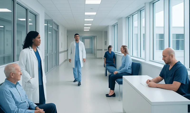 Cancer Research News: How New Treatments Are Developed 17 Medical team consulting in a modern hospital corridor with patients and staff.