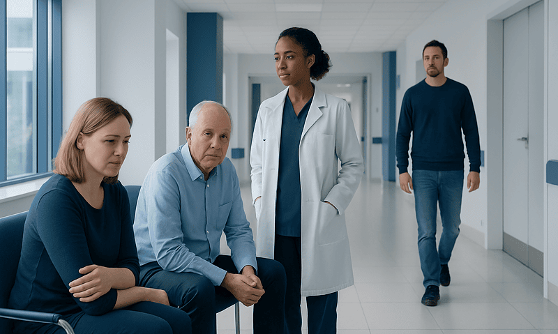 Symptoms of Cancer Disease: General Warning Signs 16 Medical consultation with patients and doctor in hospital corridor.