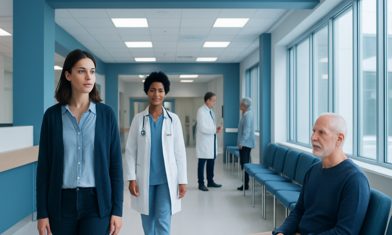 How Do You Know If You Have Cancer? 14 Patients and medical staff in a modern hospital corridor.