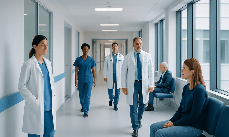 CAR T Cells: What They Are and How They Fight Cancer 5 Medical team walking in hospital corridor with patient sitting nearby.