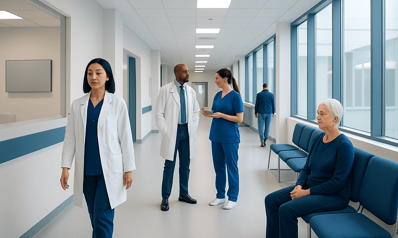 Chimeric Antigen Receptor: Meaning in Cancer Treatment 15 Medical professionals and patient in a modern hospital corridor.