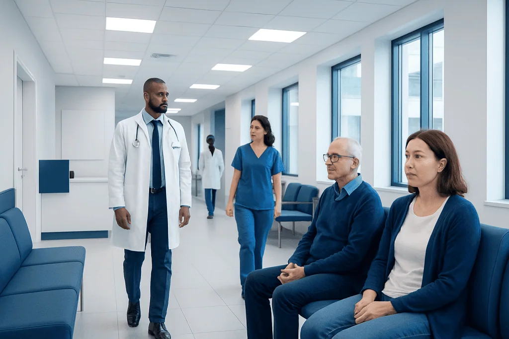 Chronic Constipation: When Neurogastroenterology Testing May Be Recommended 1 Medical consultation in a modern hospital corridor with doctors and patients.