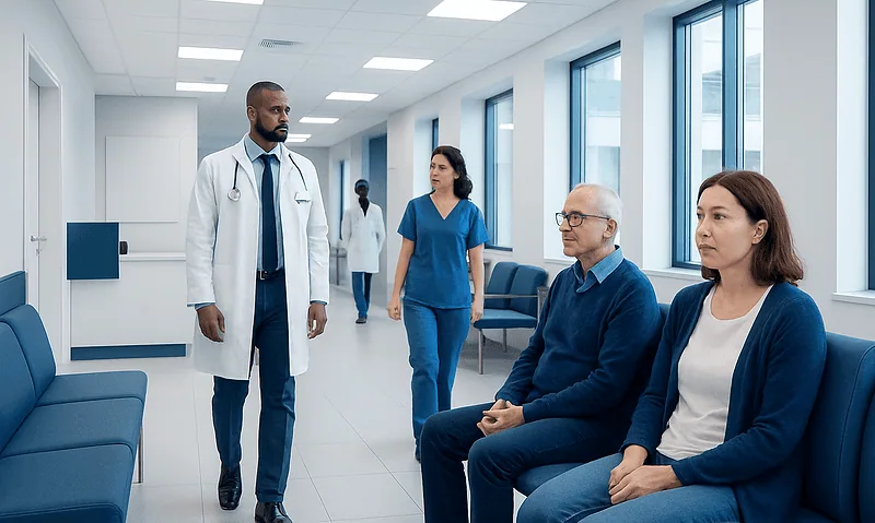 Medical consultation in a modern hospital corridor with doctors and patients.