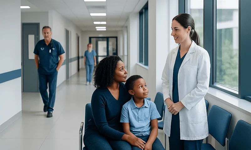 Brain Infections in Children: Warning Signs That Need Urgent Neurology Care 9 Doctor talking to mother and child in hospital corridor.