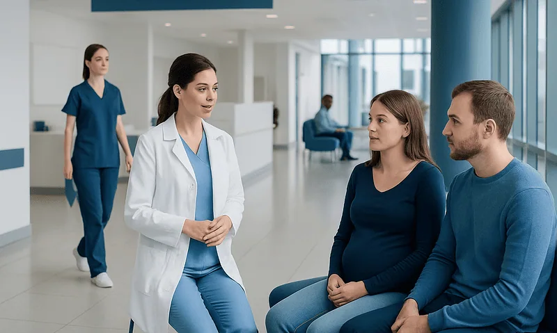 Fertility clinic consultation with a doctor and couple in a modern hospital.