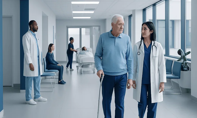 Senior patient with healthcare professional in hospital corridor.