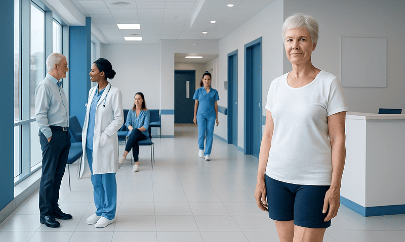 Senior woman in hospital corridor after hip replacement surgery.