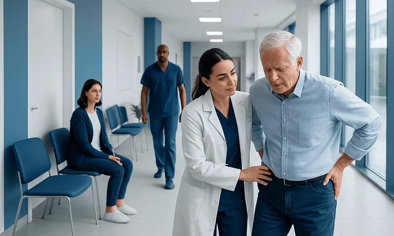 Doctor examining a patient with hip pain in a hospital corridor.