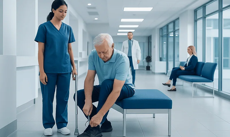 Senior man receiving crutches training from healthcare professional in hospital.