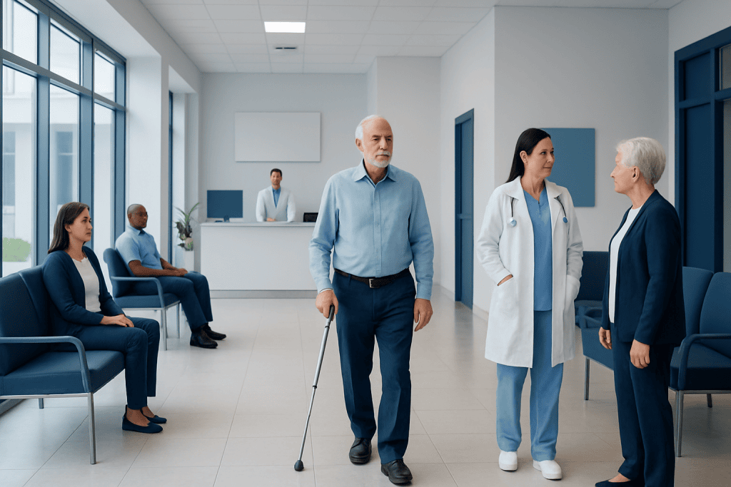 How Long Does a Hip Replacement Last? 1 Patients waiting in a hospital corridor with medical staff and visitors.