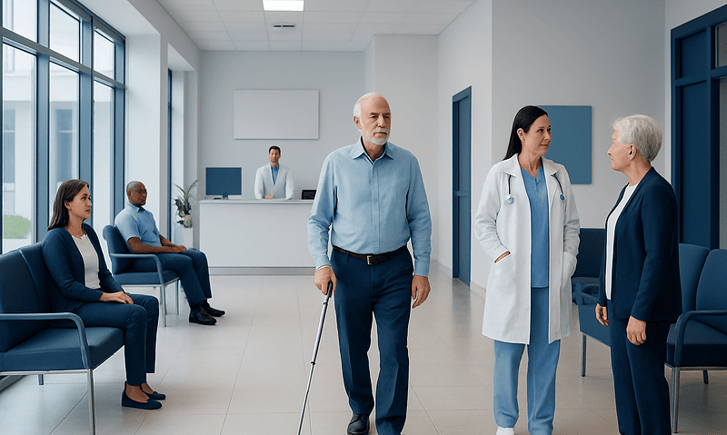 Patients waiting in a hospital corridor with medical staff and visitors.
