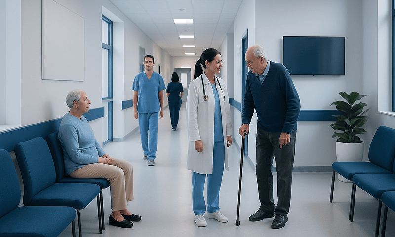 Elderly man with cane talking to healthcare professional in hospital corridor.