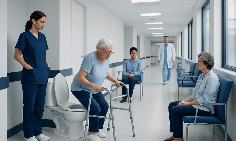 Elderly woman using a walker in hospital corridor with medical staff nearby.