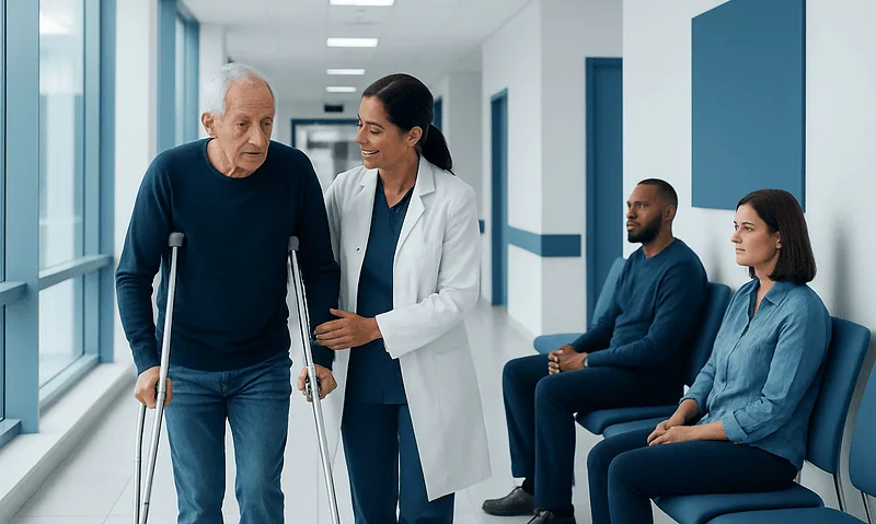 Elderly man with crutches talking to a nurse in a hospital corridor.