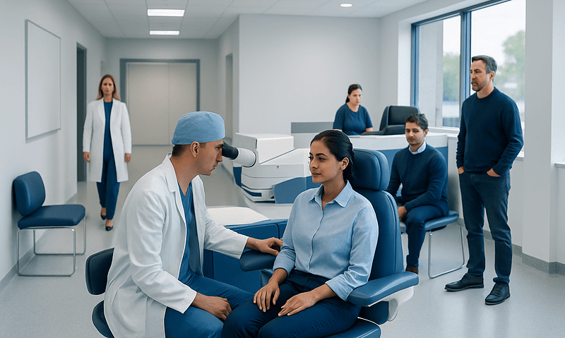 Ophthalmologist performs eye exam on patient in modern clinic setting.