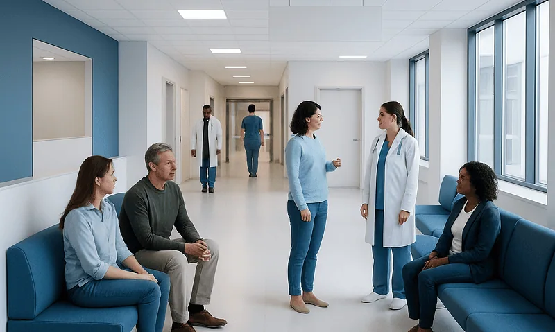 Patients waiting in a modern hospital corridor with medical staff consulting.