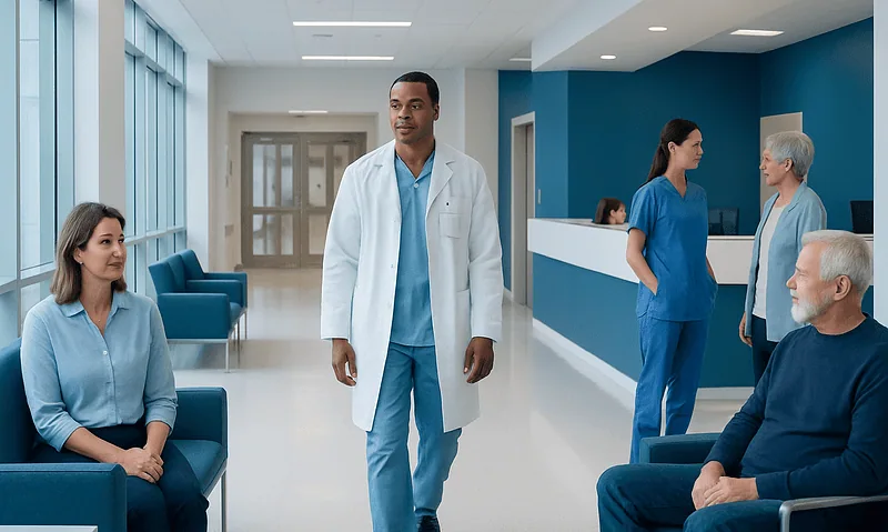 Medical staff and patients in a modern hospital waiting area.