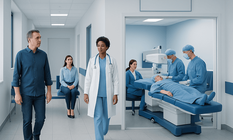 Medical team preparing for laser eye surgery in a modern hospital.