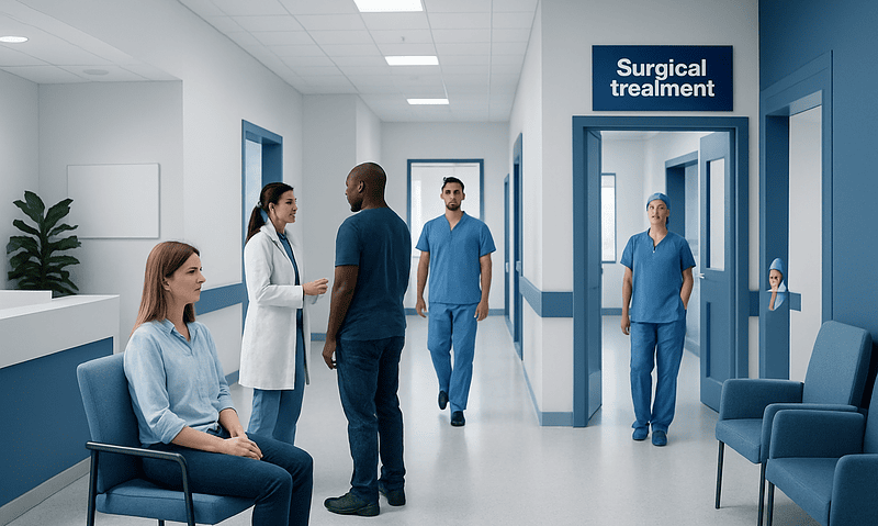 Medical team discussing patient care in hospital corridor with surgical treatment sign.