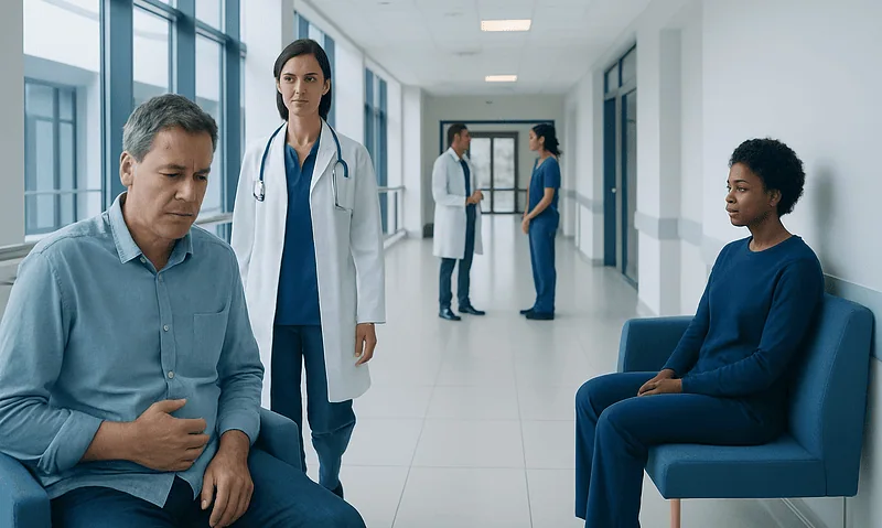 Colon Cancer Symptoms: Early Signs and When to See a Doctor 11 Patients waiting in a hospital corridor with medical staff nearby.