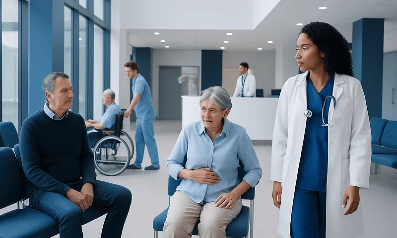 Pancreatic Cancer Symptoms: Early Warning Signs 9 Patients waiting in a hospital lobby with a healthcare professional talking to a senior woman.