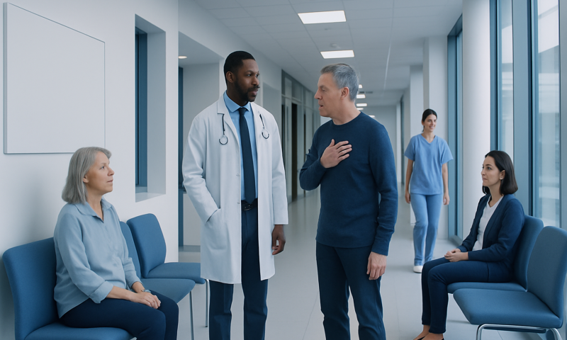 Lung Cancer Symptoms: Common Signs and Red Flags 8 Doctor consulting with patient in hospital corridor with waiting patients.