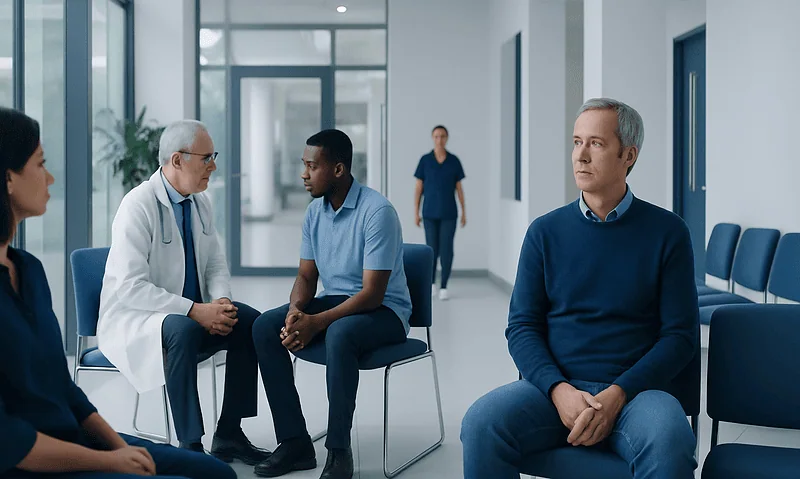 Prostate Cancer Symptoms: Early Signs in Men 7 Men waiting in a hospital corridor for medical consultation.