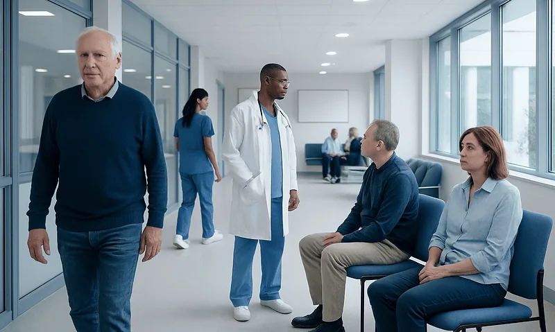 Bladder Cancer Symptoms: Blood in Urine and Other Signs 6 Patients waiting in a hospital corridor with medical staff nearby.