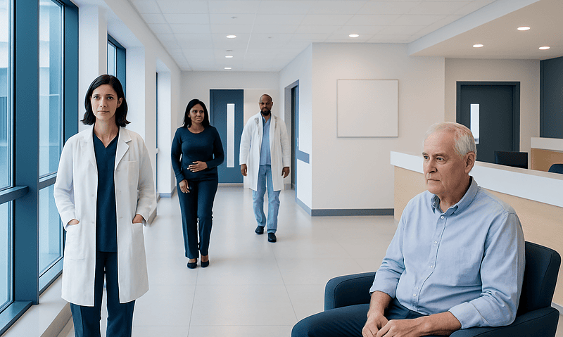 Signs of Colon Cancer: What to Watch For 5 Medical professionals and a patient in a hospital corridor.