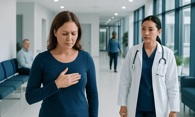 Breast Cancer Symptoms: Early Signs and Changes 4 Woman experiencing chest discomfort during medical consultation at Acibadem Hospital.
