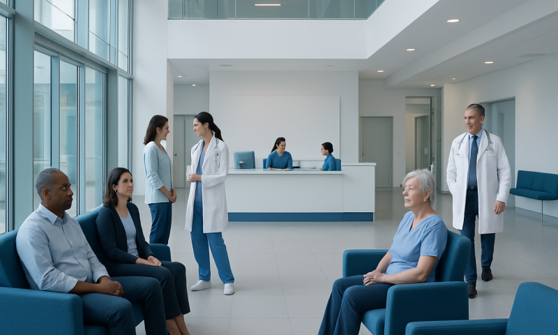 Hepatocellular Carcinoma: Symptoms, Causes, and Treatment 3 Hospital waiting area with medical staff and patients in a modern healthcare facility.