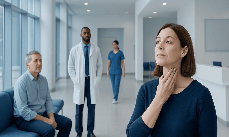 Woman experiencing neck discomfort in a hospital setting.